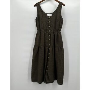 LF Markey Dress Womens 6 Green Linen Olive Farrell Midi Buttons Gathered Waist